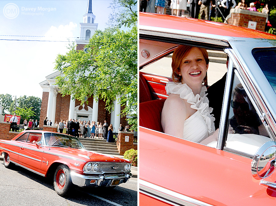 Newlyweds leaving in a red classic car | Davey Morgan Photography
