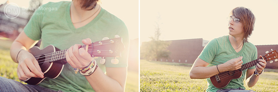 Senior playing ukulele, downtown Greenville, SC | Davey Morgan Photography