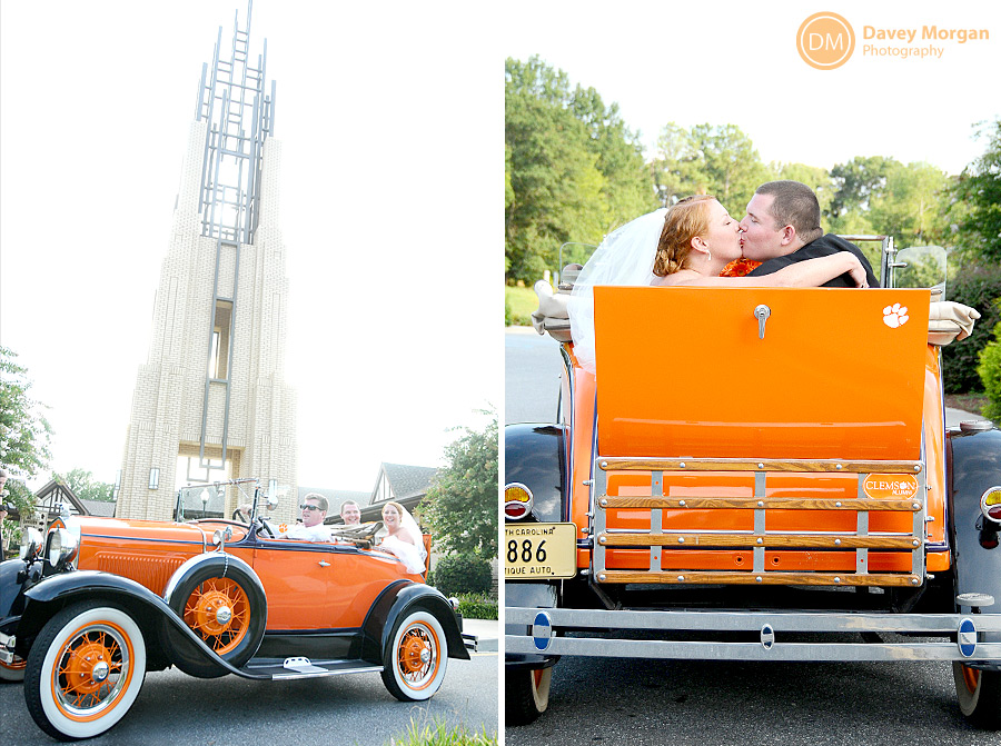 Old Antique Clemson Car colored orange rented and borrowed for wedding  | Davey Morgan Photography