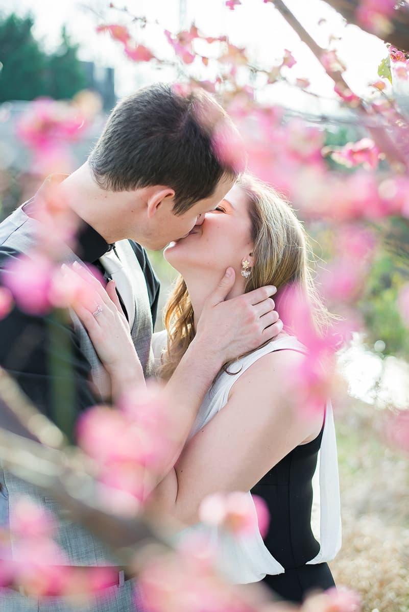 Engagement picture kissing under a tree in a park in Charlotte, NC | Midtown Park
