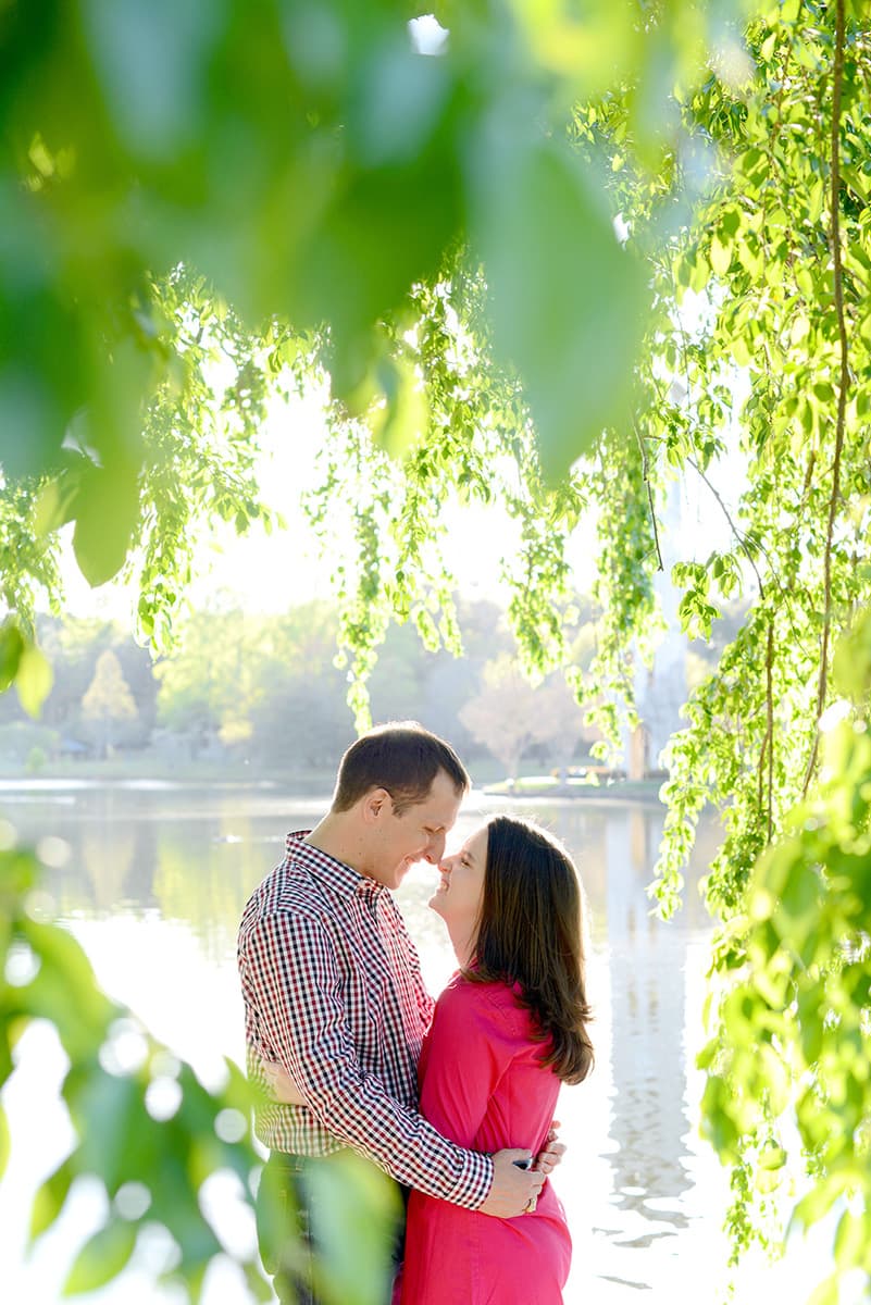 Engagement pictures under a weeping willow at Furman University with the clock tower in the background
