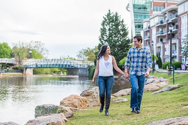 Engagement pictures by the Reedy River in Greenville, SC